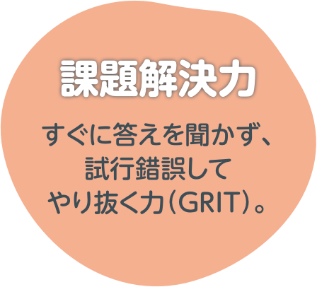 課題解決力：すぐに答えを聞かず、試行錯誤してやり抜く力（GRIT）。
