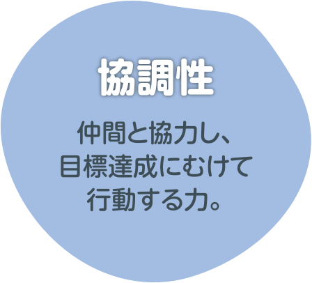 協調性：仲間と協力し、目標達成にむけて行動する力。